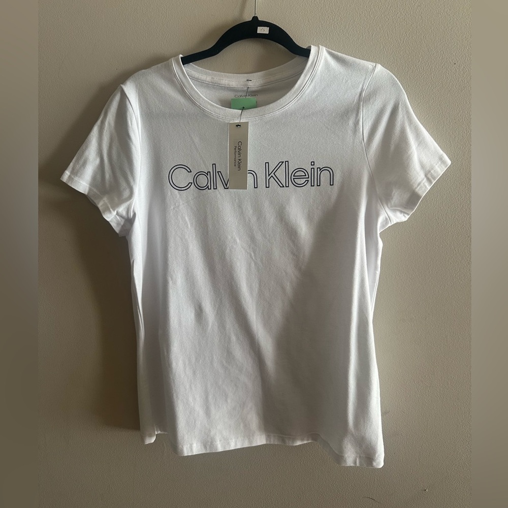 🌟Calvin Klein White Logo Crew Tee with Navy Outline Size LP NWT